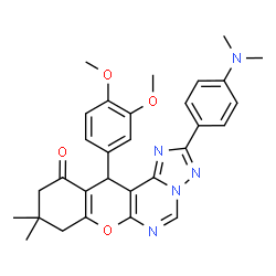 ChemSpider 2D Image | 12-(3,4-Dimethoxyphenyl)-2-[4-(dimethylamino)phenyl]-9,9-dimethyl-8,9,10,12-tetrahydro-11H-chromeno[3,2-e][1,2,4]triazolo[1,5-c]pyrimidin-11-one | C30H31N5O4