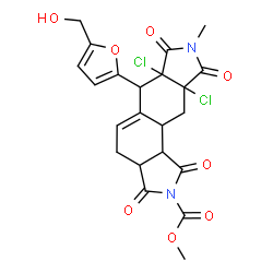 ChemSpider 2D Image | Methyl 6a,9a-dichloro-6-[5-(hydroxymethyl)-2-furyl]-8-methyl-1,3,7,9-tetraoxo-3,3a,4,6,6a,7,8,9,9a,10,10a,10b-dodecahydroisoindolo[5,6-e]isoindole-2(1H)-carboxylate | C22H20Cl2N2O8