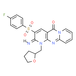 ChemSpider 2D Image | (2E)-3-[(4-Fluorophenyl)sulfonyl]-2-imino-1-(tetrahydro-2-furanylmethyl)-1,2-dihydro-5H-dipyrido[1,2-a:2',3'-d]pyrimidin-5-one | C22H19FN4O4S