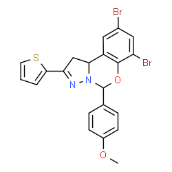 ChemSpider 2D Image | 7,9-Dibromo-5-(4-methoxyphenyl)-2-(2-thienyl)-1,10b-dihydropyrazolo[1,5-c][1,3]benzoxazine | C21H16Br2N2O2S