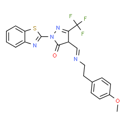 ChemSpider 2D Image | 2-(1,3-Benzothiazol-2-yl)-4-[(E)-{[2-(4-methoxyphenyl)ethyl]imino}methyl]-5-(trifluoromethyl)-2,4-dihydro-3H-pyrazol-3-one | C21H17F3N4O2S