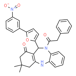 ChemSpider 2D Image | 3,3-Dimethyl-11-[5-(3-nitrophenyl)-2-furyl]-10-(phenylacetyl)-2,3,4,5,10,11-hexahydro-1H-dibenzo[b,e][1,4]diazepin-1-one | C33H29N3O5