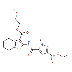 ChemSpider 2D Image | Ethyl 5-({3-[(2-methoxyethoxy)carbonyl]-4,5,6,7-tetrahydro-1-benzothiophen-2-yl}carbamoyl)-1-methyl-1H-pyrazole-3-carboxylate | C20H25N3O6S