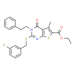 ChemSpider 2D Image | Ethyl 2-[(3-fluorobenzyl)sulfanyl]-5-methyl-4-oxo-3-(2-phenylethyl)-3,4-dihydrothieno[2,3-d]pyrimidine-6-carboxylate | C25H23FN2O3S2