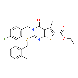 ChemSpider 2D Image | Ethyl 3-(4-fluorobenzyl)-5-methyl-2-[(2-methylbenzyl)sulfanyl]-4-oxo-3,4-dihydrothieno[2,3-d]pyrimidine-6-carboxylate | C25H23FN2O3S2