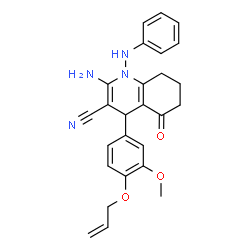 ChemSpider 2D Image | 4-[4-(Allyloxy)-3-methoxyphenyl]-2-amino-1-anilino-5-oxo-1,4,5,6,7,8-hexahydro-3-quinolinecarbonitrile | C26H26N4O3