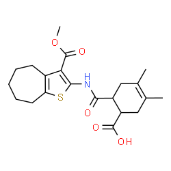 ChemSpider 2D Image | 6-{[3-(Methoxycarbonyl)-5,6,7,8-tetrahydro-4H-cyclohepta[b]thiophen-2-yl]carbamoyl}-3,4-dimethyl-3-cyclohexene-1-carboxylic acid | C21H27NO5S