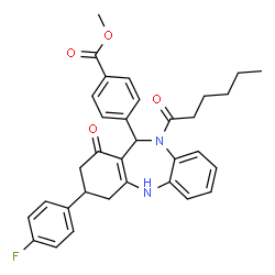 ChemSpider 2D Image | Methyl 4-[3-(4-fluorophenyl)-10-hexanoyl-1-oxo-2,3,4,5,10,11-hexahydro-1H-dibenzo[b,e][1,4]diazepin-11-yl]benzoate | C33H33FN2O4