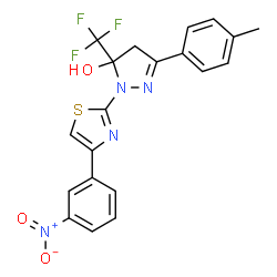 ChemSpider 2D Image | 3-(4-Methylphenyl)-1-[4-(3-nitrophenyl)-1,3-thiazol-2-yl]-5-(trifluoromethyl)-4,5-dihydro-1H-pyrazol-5-ol | C20H15F3N4O3S