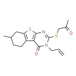 ChemSpider 2D Image | 3-Allyl-7-methyl-2-[(2-oxopropyl)sulfanyl]-5,6,7,8-tetrahydro[1]benzothieno[2,3-d]pyrimidin-4(3H)-one | C17H20N2O2S2