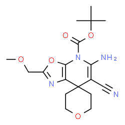 ChemSpider 2D Image | 2-Methyl-2-propanyl 5-amino-6-cyano-2-(methoxymethyl)-2',3',5',6'-tetrahydro-4H-spiro[1,3-oxazolo[5,4-b]pyridine-7,4'-pyran]-4-carboxylate | C18H24N4O5
