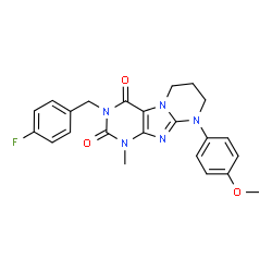 ChemSpider 2D Image | 3-(4-Fluorobenzyl)-9-(4-methoxyphenyl)-1-methyl-6,7,8,9-tetrahydropyrimido[2,1-f]purine-2,4(1H,3H)-dione | C23H22FN5O3