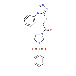 ChemSpider 2D Image | 1-{3-[(4-Methylphenyl)sulfonyl]-1-imidazolidinyl}-2-[(1-phenyl-1H-tetrazol-5-yl)sulfanyl]ethanone | C19H20N6O3S2
