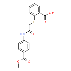 ChemSpider 2D Image | 2-[(2-{[4-(methoxycarbonyl)phenyl]amino}-2-oxoethyl)thio]benzoic acid | C17H15NO5S