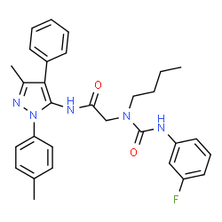ChemSpider 2D Image | N~2~-Butyl-N~2~-[(3-fluorophenyl)carbamoyl]-N-[3-methyl-1-(4-methylphenyl)-4-phenyl-1H-pyrazol-5-yl]glycinamide | C30H32FN5O2