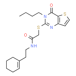 ChemSpider 2D Image | 2-[(3-Butyl-4-oxo-3,4-dihydrothieno[3,2-d]pyrimidin-2-yl)sulfanyl]-N-[2-(1-cyclohexen-1-yl)ethyl]acetamide | C20H27N3O2S2
