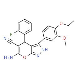 ChemSpider 2D Image | 6-Amino-3-(4-ethoxy-3-methoxyphenyl)-4-(2-fluorophenyl)-2,4-dihydropyrano[2,3-c]pyrazole-5-carbonitrile | C22H19FN4O3