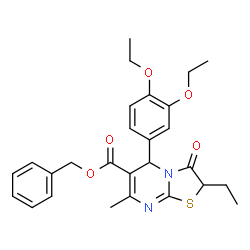 ChemSpider 2D Image | Benzyl 5-(3,4-diethoxyphenyl)-2-ethyl-7-methyl-3-oxo-2,3-dihydro-5H-[1,3]thiazolo[3,2-a]pyrimidine-6-carboxylate | C27H30N2O5S