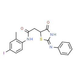 ChemSpider 2D Image | 5-thiazolidineacetamide, N-(4-iodo-2-methylphenyl)-4-oxo-2-(phenylimino)-, (2E)- | C18H16IN3O2S