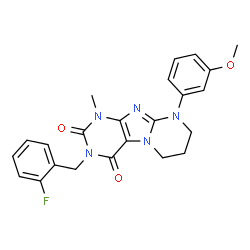 ChemSpider 2D Image | 3-(2-Fluorobenzyl)-9-(3-methoxyphenyl)-1-methyl-6,7,8,9-tetrahydropyrimido[2,1-f]purine-2,4(1H,3H)-dione | C23H22FN5O3