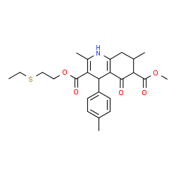 ChemSpider 2D Image | 3-[2-(Ethylsulfanyl)ethyl] 6-methyl 2,7-dimethyl-4-(4-methylphenyl)-5-oxo-1,4,5,6,7,8-hexahydro-3,6-quinolinedicarboxylate | C25H31NO5S