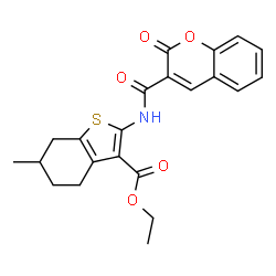 ChemSpider 2D Image | Ethyl 6-methyl-2-{[(2-oxo-2H-chromen-3-yl)carbonyl]amino}-4,5,6,7-tetrahydro-1-benzothiophene-3-carboxylate | C22H21NO5S