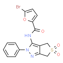 ChemSpider 2D Image | 5-Bromo-N-(5,5-dioxido-2-phenyl-2,6-dihydro-4H-thieno[3,4-c]pyrazol-3-yl)-2-furamide | C16H12BrN3O4S