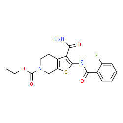 ChemSpider 2D Image | Ethyl 3-carbamoyl-2-[(2-fluorobenzoyl)amino]-4,7-dihydrothieno[2,3-c]pyridine-6(5H)-carboxylate | C18H18FN3O4S
