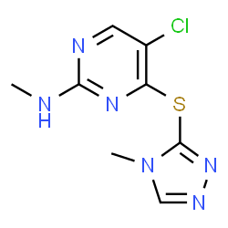ChemSpider 2D Image | 5-Chloro-N-methyl-4-[(4-methyl-4H-1,2,4-triazol-3-yl)sulfanyl]-2-pyrimidinamine | C8H9ClN6S
