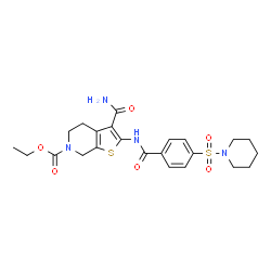 ChemSpider 2D Image | Ethyl 3-carbamoyl-2-{[4-(1-piperidinylsulfonyl)benzoyl]amino}-4,7-dihydrothieno[2,3-c]pyridine-6(5H)-carboxylate | C23H28N4O6S2