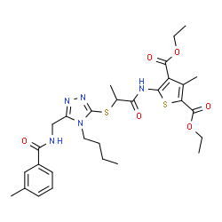 ChemSpider 2D Image | Diethyl 5-({2-[(4-butyl-5-{[(3-methylbenzoyl)amino]methyl}-4H-1,2,4-triazol-3-yl)sulfanyl]propanoyl}amino)-3-methyl-2,4-thiophenedicarboxylate | C29H37N5O6S2