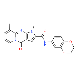 ChemSpider 2D Image | N-(2,3-Dihydro-1,4-benzodioxin-6-yl)-1,9-dimethyl-4-oxo-1,4-dihydropyrido[1,2-a]pyrrolo[2,3-d]pyrimidine-2-carboxamide | C21H18N4O4