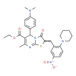 ChemSpider 2D Image | Ethyl 5-[4-(dimethylamino)phenyl]-7-methyl-2-[5-nitro-2-(1-piperidinyl)benzylidene]-3-oxo-2,3-dihydro-5H-[1,3]thiazolo[3,2-a]pyrimidine-6-carboxylate | C30H33N5O5S
