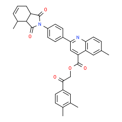 ChemSpider 2D Image | 2-(3,4-Dimethylphenyl)-2-oxoethyl 6-methyl-2-[4-(4-methyl-1,3-dioxo-1,3,3a,4,7,7a-hexahydro-2H-isoindol-2-yl)phenyl]-4-quinolinecarboxylate | C36H32N2O5