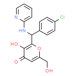 ChemSpider 2D Image | 2-[(4-Chlorophenyl)(2-pyridinylamino)methyl]-3-hydroxy-6-(hydroxymethyl)-4H-pyran-4-one | C18H15ClN2O4