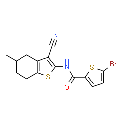 ChemSpider 2D Image | 5-Bromo-N-(3-cyano-5-methyl-4,5,6,7-tetrahydro-1-benzothiophen-2-yl)-2-thiophenecarboxamide | C15H13BrN2OS2
