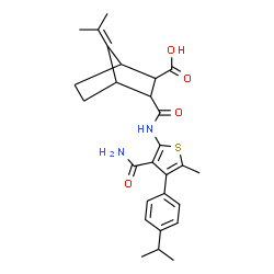 ChemSpider 2D Image | 3-{[3-Carbamoyl-4-(4-isopropylphenyl)-5-methyl-2-thienyl]carbamoyl}-7-isopropylidenebicyclo[2.2.1]heptane-2-carboxylic acid | C27H32N2O4S