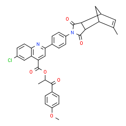 ChemSpider 2D Image | 1-(4-Methoxyphenyl)-1-oxo-2-propanyl 6-chloro-2-[4-(8-methyl-3,5-dioxo-4-azatricyclo[5.2.1.0~2,6~]dec-8-en-4-yl)phenyl]-4-quinolinecarboxylate | C36H29ClN2O6