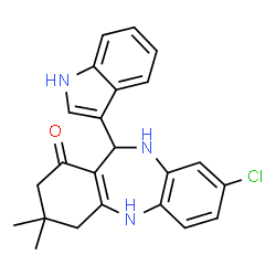 ChemSpider 2D Image | 8-Chloro-11-(1H-indol-3-yl)-3,3-dimethyl-2,3,4,5,10,11-hexahydro-1H-dibenzo[b,e][1,4]diazepin-1-one | C23H22ClN3O