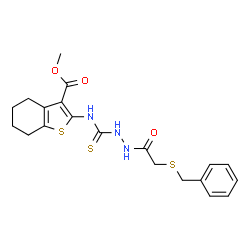 ChemSpider 2D Image | Methyl 2-[({2-[(benzylsulfanyl)acetyl]hydrazino}carbothioyl)amino]-4,5,6,7-tetrahydro-1-benzothiophene-3-carboxylate | C20H23N3O3S3