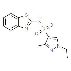 ChemSpider 2D Image | N-(1,3-Benzothiazol-2-yl)-1-ethyl-3-methyl-1H-pyrazole-4-sulfonamide | C13H14N4O2S2