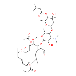 ChemSpider 2D Image | 6-{[6-{[4-Acetoxy-5-methoxy-9,16-dimethyl-2-oxo-7-(2-oxoethyl)-10-(propionyloxy)oxacyclohexadeca-11,13-dien-6-yl]oxy}-4-(dimethylamino)-5-hydroxy-2-methyltetrahydro-2H-pyran-3-yl]oxy}-4-hydroxy-2,4-di
methyltetrahydro-2H-pyran-3-yl 3-methylbutanoate | C45H73NO16