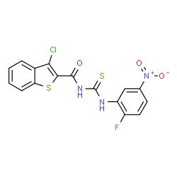 ChemSpider 2D Image | 3-Chloro-N-[(2-fluoro-5-nitrophenyl)carbamothioyl]-1-benzothiophene-2-carboxamide | C16H9ClFN3O3S2