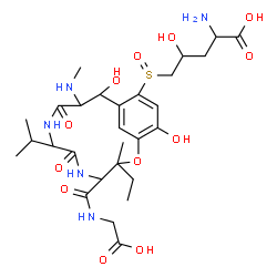 ChemSpider 2D Image | 5-({4-[(Carboxymethyl)carbamoyl]-3-ethyl-11,15-dihydroxy-7-isopropyl-3-methyl-10-(methylamino)-6,9-dioxo-2-oxa-5,8-diazabicyclo[10.3.1]hexadeca-1(16),12,14-trien-13-yl}sulfinyl)-4-hydroxynorvaline | C28H43N5O12S