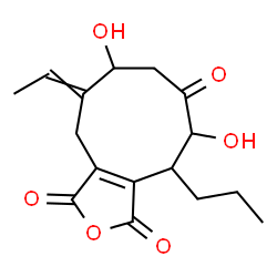 ChemSpider 2D Image | 9-Ethylidene-5,8-dihydroxy-4-propyl-4,5,7,8,9,10-hexahydro-1H-cyclonona[c]furan-1,3,6-trione | C16H20O6