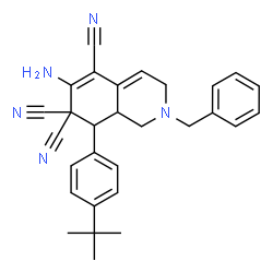 ChemSpider 2D Image | 6-Amino-2-benzyl-8-[4-(2-methyl-2-propanyl)phenyl]-2,3,8,8a-tetrahydro-5,7,7(1H)-isoquinolinetricarbonitrile | C29H29N5