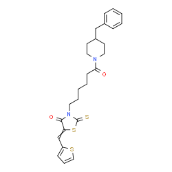 ChemSpider 2D Image | 3-[6-(4-Benzyl-1-piperidinyl)-6-oxohexyl]-5-(2-thienylmethylene)-2-thioxo-1,3-thiazolidin-4-one | C26H30N2O2S3