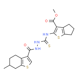 ChemSpider 2D Image | Methyl 2-[({2-[(6-methyl-4,5,6,7-tetrahydro-1-benzothiophen-3-yl)carbonyl]hydrazino}carbothioyl)amino]-5,6-dihydro-4H-cyclopenta[b]thiophene-3-carboxylate | C20H23N3O3S3