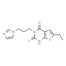 ChemSpider 2D Image | thieno[2,3-d]pyrimidin-4(3H)-one, 6-ethyl-3-[3-(1H-imidazol-1-yl)propyl]-2-mercapto- | C14H16N4OS2