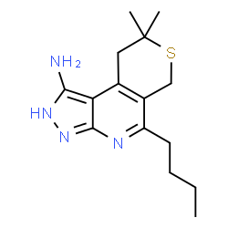 ChemSpider 2D Image | 5-Butyl-8,8-dimethyl-2,6,8,9-tetrahydropyrazolo[3,4-b]thiopyrano[4,3-d]pyridin-1-amine | C15H22N4S